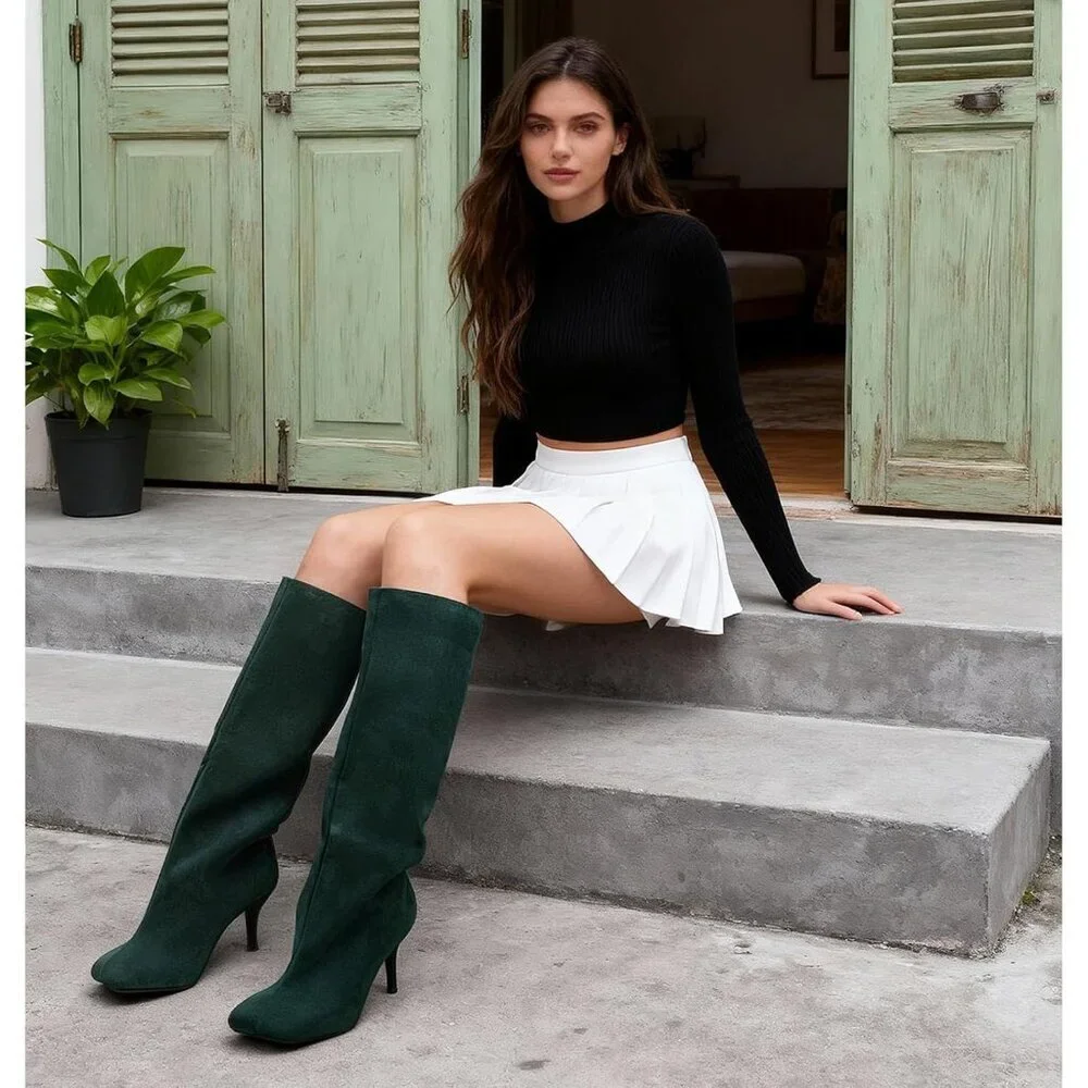 Women's Green Wide Calf Square Toe Stiletto Heels Knee High Suede Boots